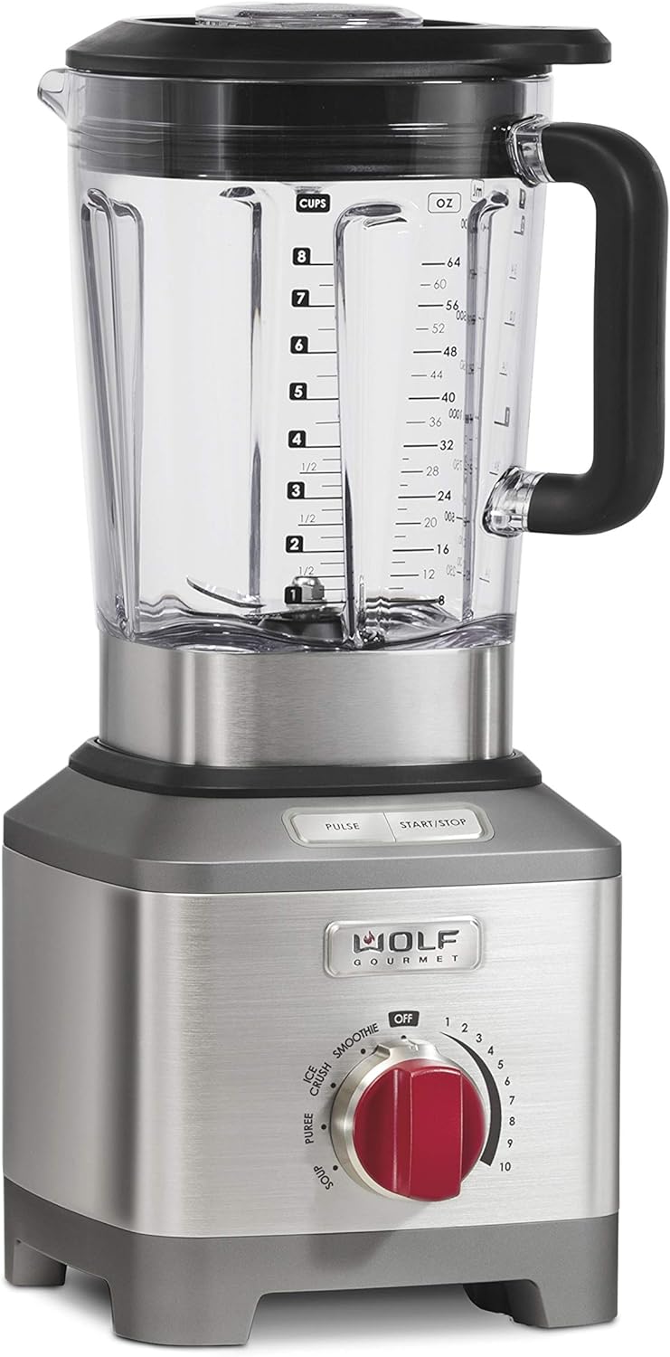 Wolf Gourmet Pro-Performance Blender, 64 oz Jar, 4 program settings, 12.5 AMPS, Blends Food, Shakes and Smoothies, Red Knob, Stainless Steel (WGBL200S)