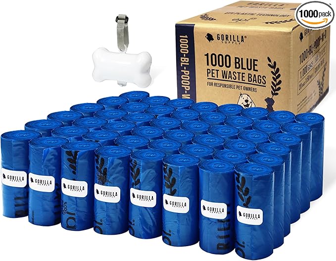 GORILLA SUPPLY 1000 Dog Poop Waste Bags with Dispenser and Leash Tie, 9" x 13", Blue, 1000 Count