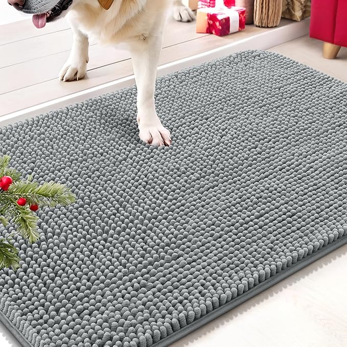 OLANLY Dog Door Mat for Muddy Paws 30x20, Absorbs Moisture and Dirt, Absorbent Non-Slip Washable Mat, Quick Dry Chenille, Mud Mat for Dogs, Entry Indoor Door Mat for Inside Floor, Grey