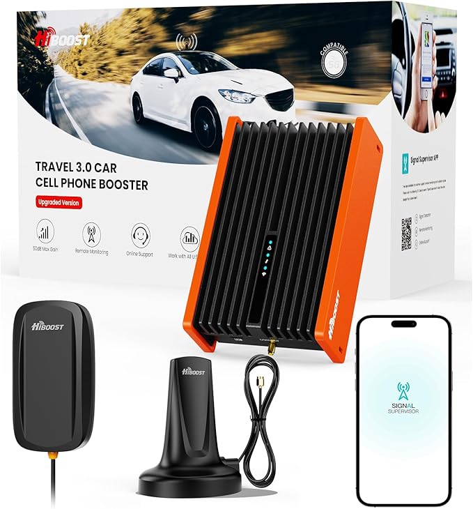 HiBoost Vehicle Cell Phone Signal Booster| 5G 4G LTE | Boosts for All U.S. Carriers Verizon AT&T T-Mobile US Cellular | Magnetic Roof Antenna | Signal Booster for Car SUV Van Pickup FCC Approved