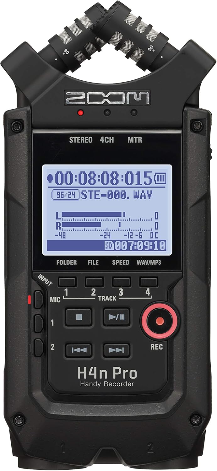 Zoom H4n Pro 4-Track Portable Recorder, All Black, Stereo Microphones, 2 XLR/ ¼“ Combo Inputs, Battery Powered, for Stereo/Multitrack Recording of Music, Audio for Video, and Podcasting