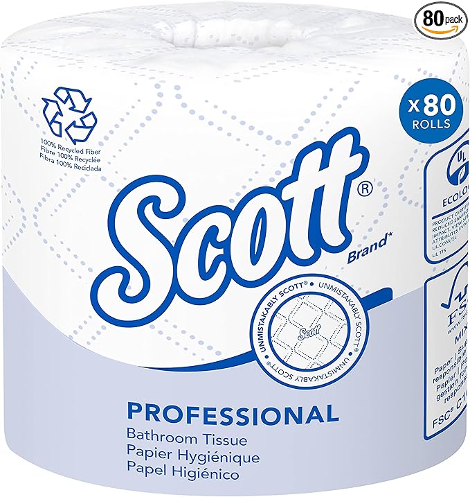 Scott Professional 100% Recycled Fiber Standard Roll Bulk Toilet Paper (13217), 2-Ply, Elevated Design, White, Individually Wrapped (80 Rolls of 473 Sheets, 37,840 Sheet Total)